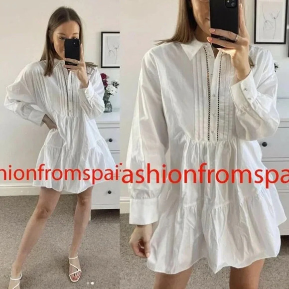 Zara White 100% Cotton Faux Pearl Buttons Voluminous Poplin Shirt Dress - Picture 5 of 12